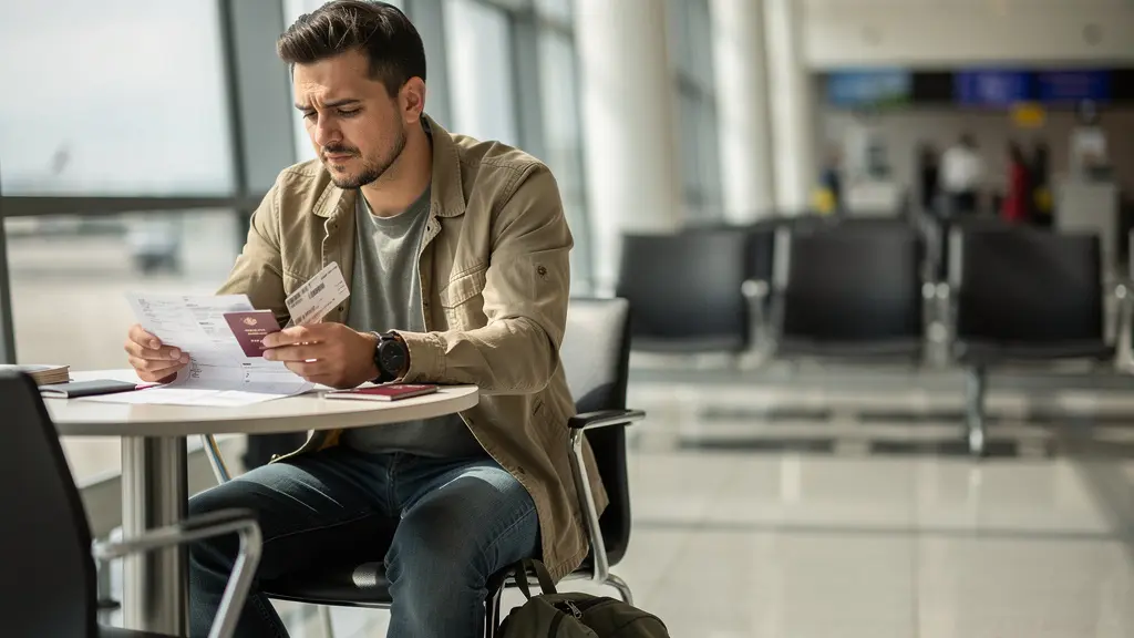 Passager dans un aéroport consultant des documents avec un tableau d'affichage d'annulation de vol en arrière-plan