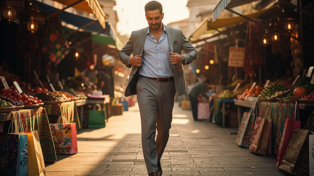 Professionnel explorant un marché local coloré pendant son temps libre