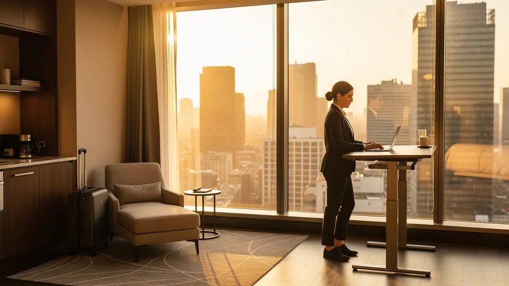 Un professionnel travaillant dans un espace hôtelier moderne avec vue panoramique