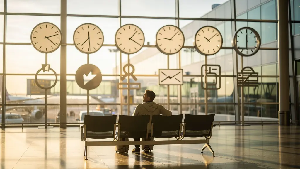 Voyageur dans un aéroport contemplant plusieurs horloges murales montrant différents fuseaux horaires
