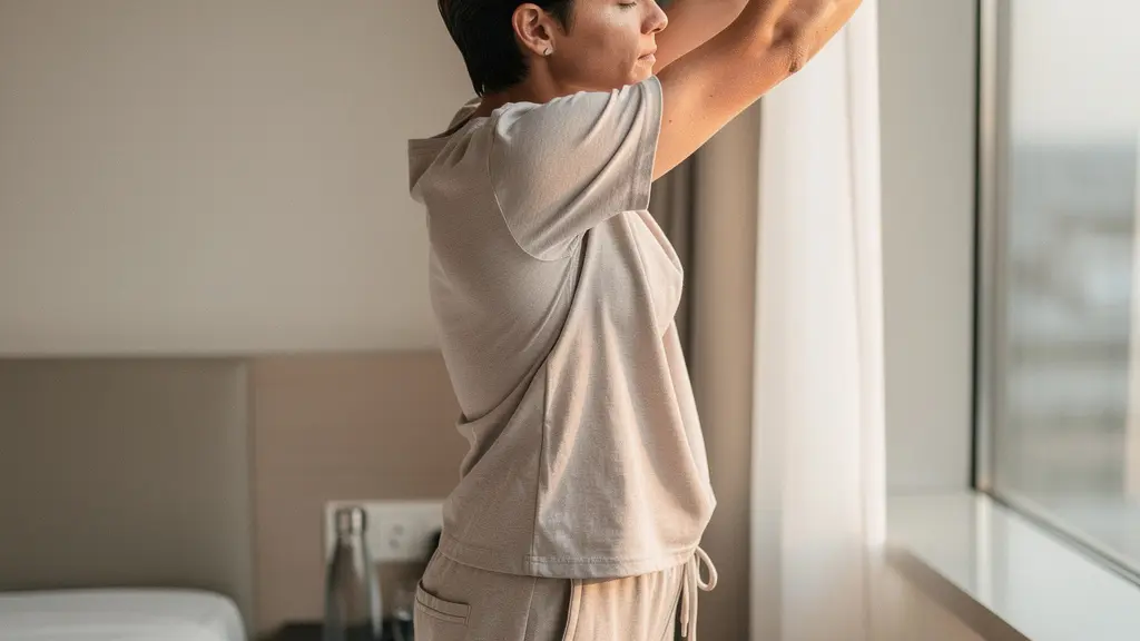 Voyageur se reposant dans une chambre d'hôtel lumineuse pendant un stopover