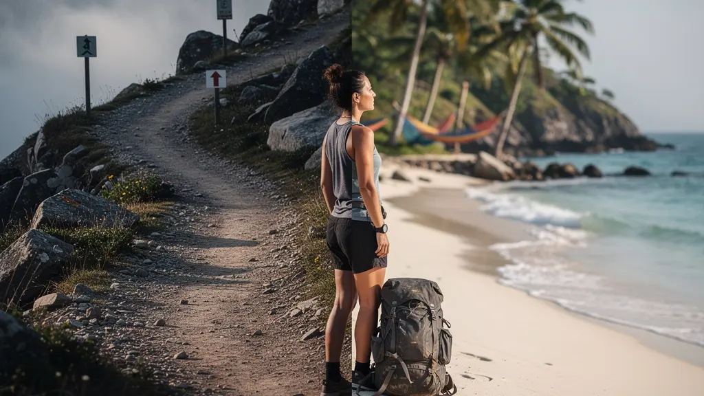 Femme au carrefour symbolique entre sentier de montagne et chemin vers la plage