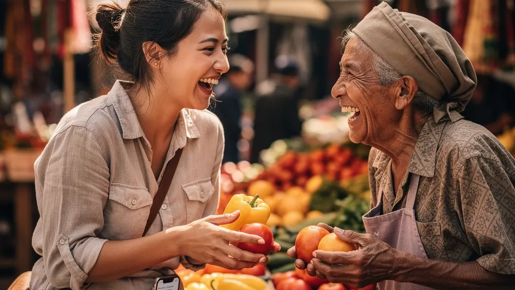 Femme voyageuse utilisant gestes et sourires pour communiquer avec vendeur local sur marché