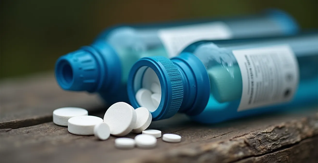 Travel water purification bottles and tablets arranged on a wooden surface