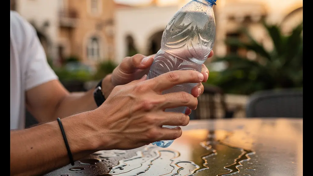 Tourist examining water bottle in outdoor cafe setting with local architecture visible