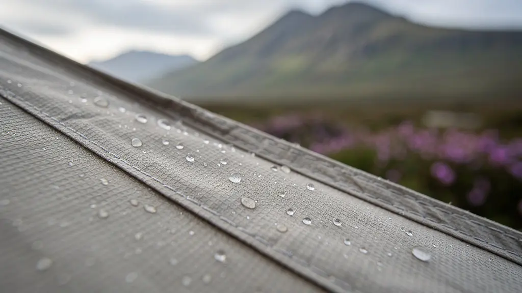 Solitary tent in Highland valley at sunrise with mountains