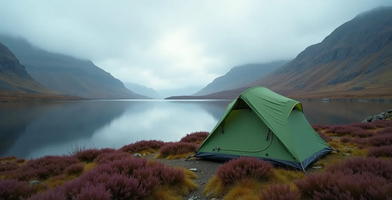 A small tent pitched beside a Scottish loch with mountains reflected in still water at dawn