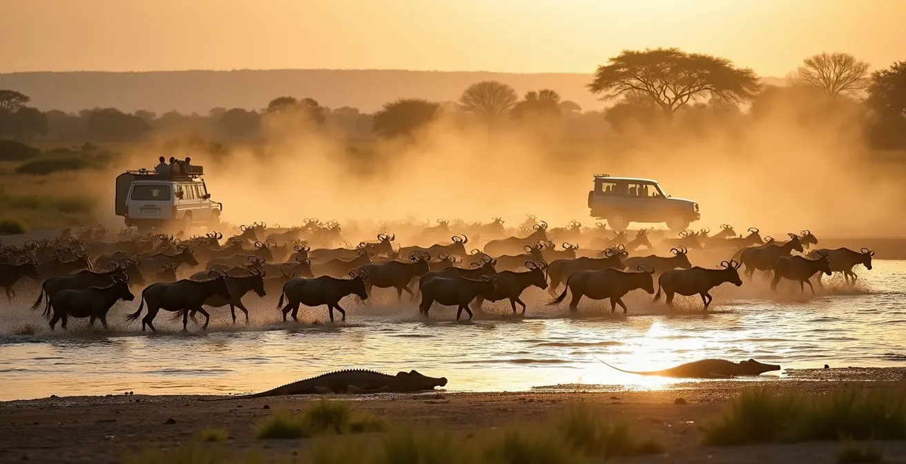 Dramatic wide shot of thousands of wildebeest crossing the Mara River in Kenya