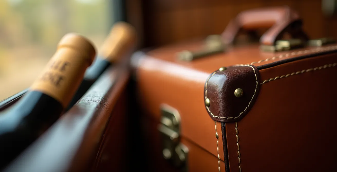 Wine bottles secured in train luggage compartment showing practical transport method