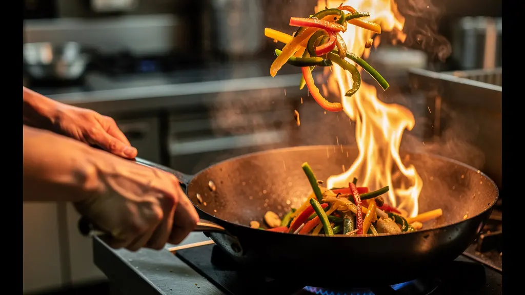 Chef faisant sauter des légumes dans un wok avec des flammes vives, symbole de la cuisson à haute température.
