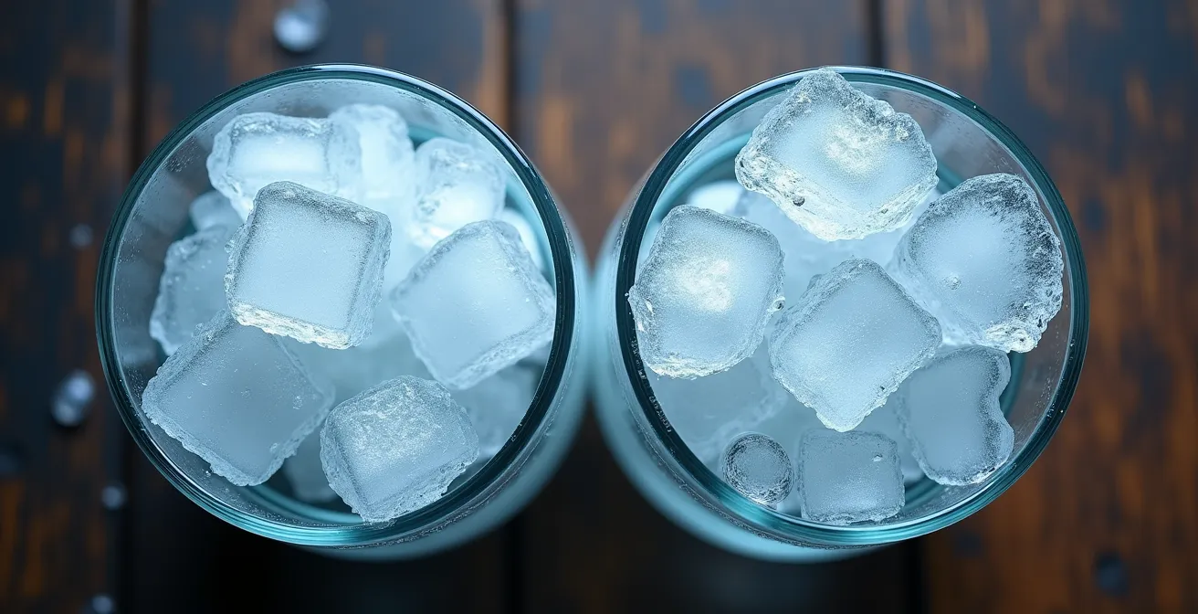 Close-up comparison of uniform commercial ice cubes next to irregular homemade ice