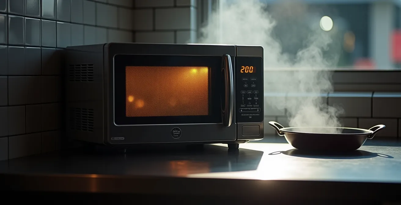 A restaurant kitchen scene showing a microwave emitting steam, symbolizing the reheating of frozen paella.