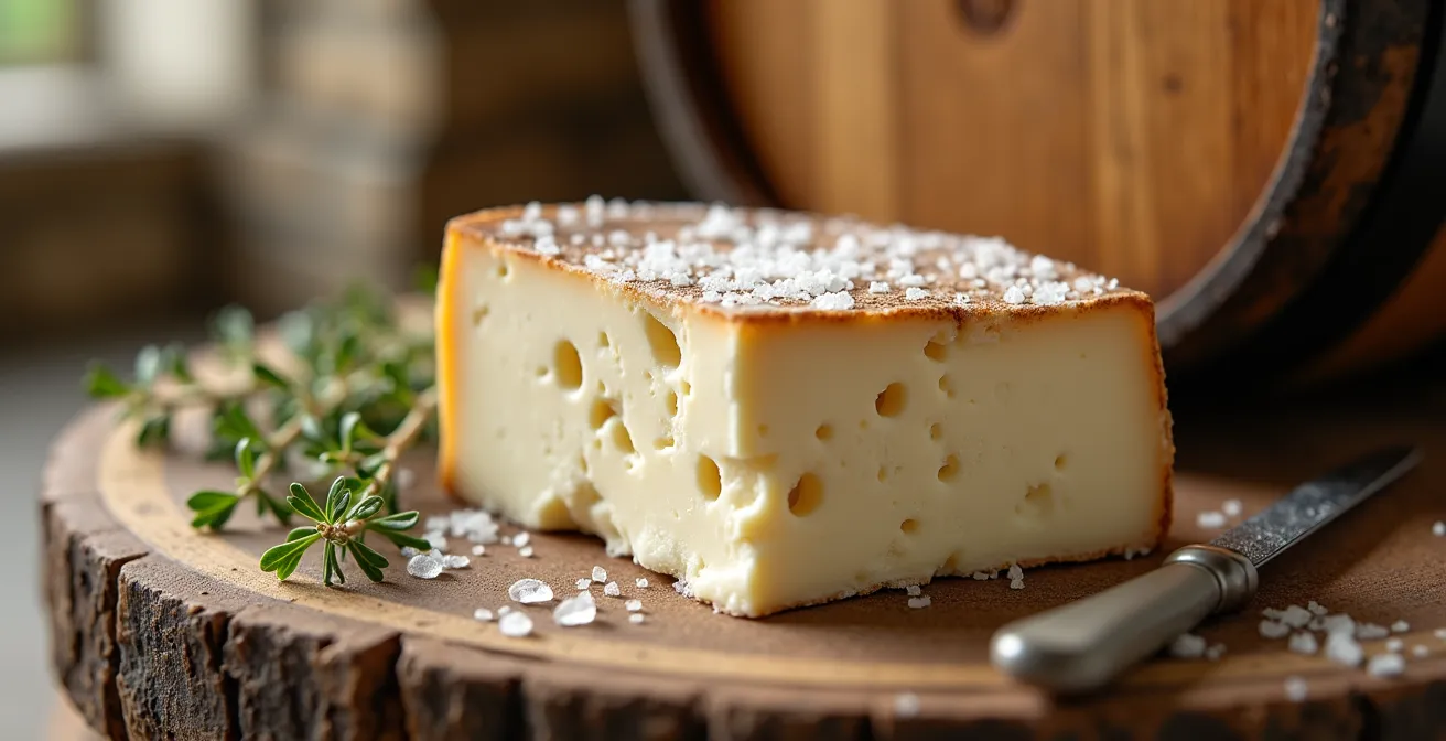 Traditional Greek cheese aging in a rural farm setting with wooden barrels