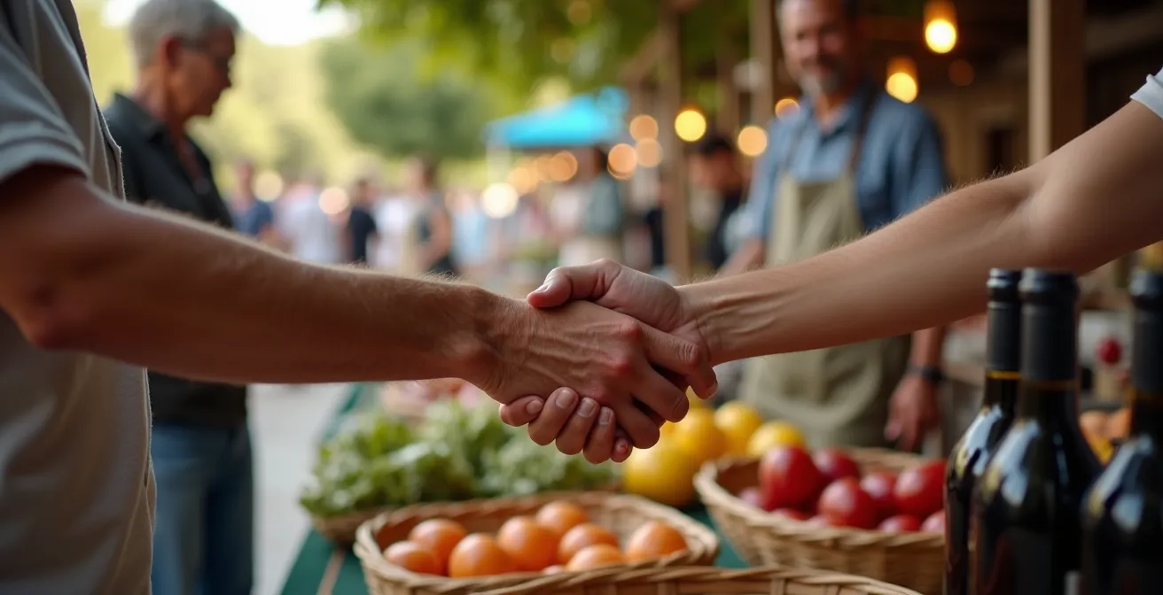 Traditional Greek farmers market with local wine vendors and authentic produce