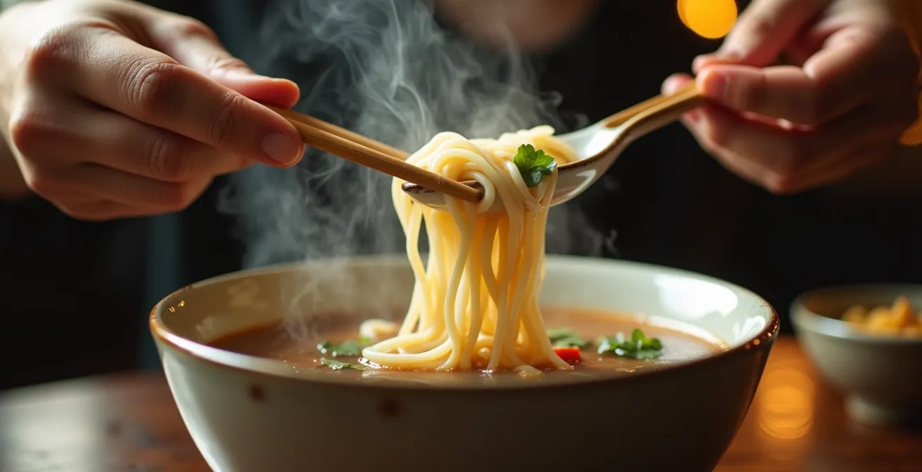Close-up of hands demonstrating the lift and dip phở eating technique