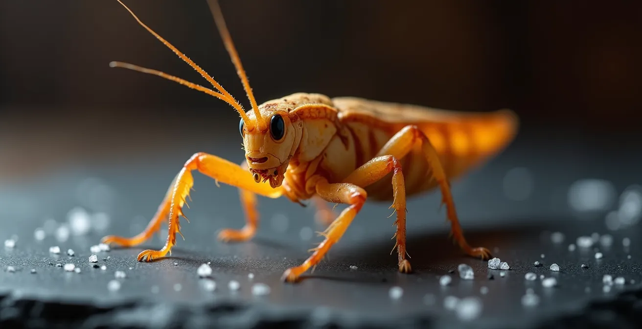 Extreme close-up of fried cricket showing crispy golden exoskeleton texture