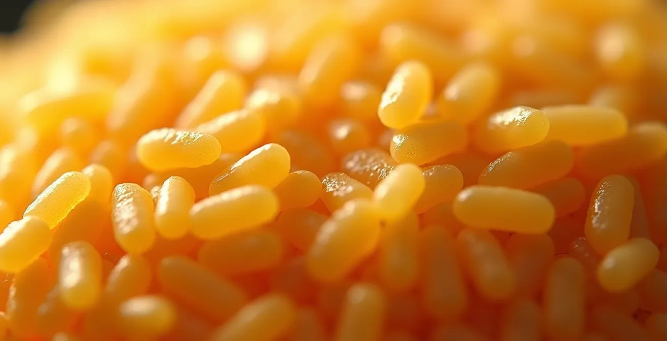 An extreme close-up of the golden, crispy texture of paella socarrat.