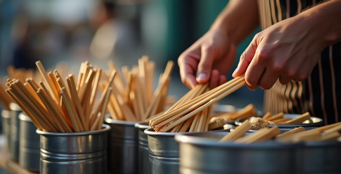 Street food vendor organizing wrapped cutlery in clean storage containers