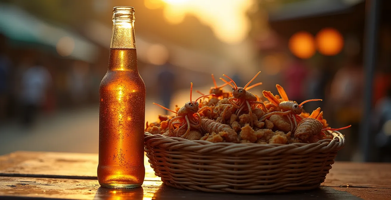 Cold Thai beer bottle beside a bamboo basket of fried insects at golden hour