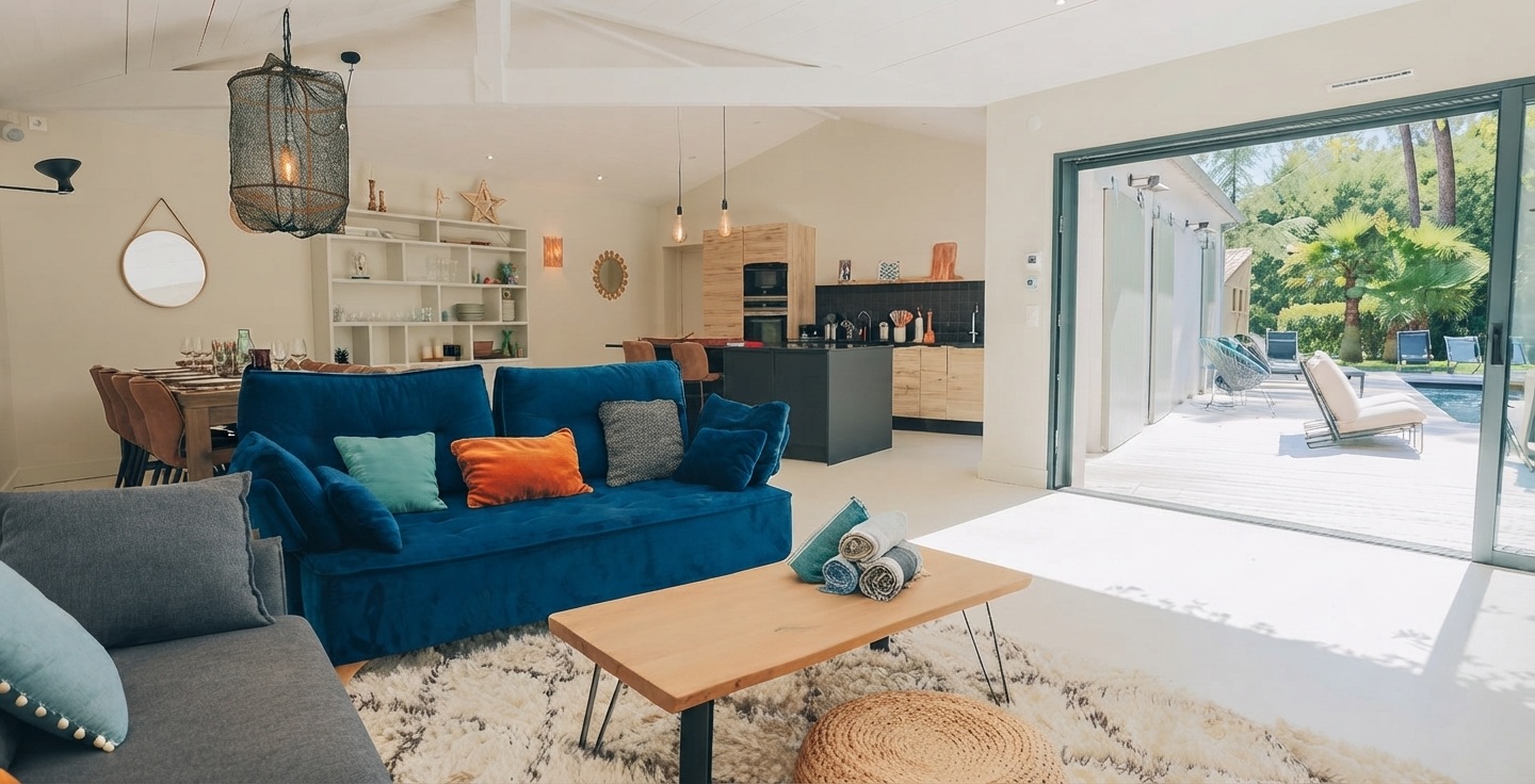 Open-plan luxury villa interior on Île de Ré showing premium linen furniture, solid wood pieces, and natural stone flooring with abundant natural light