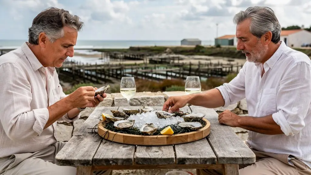 Two adults enjoying a private oyster and wine tasting experience at a waterfront location on Île de Ré with ocean views