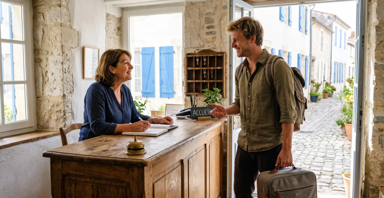 A traveller checking in at a small stone hotel reception in Saint-Martin-de-Ré.
