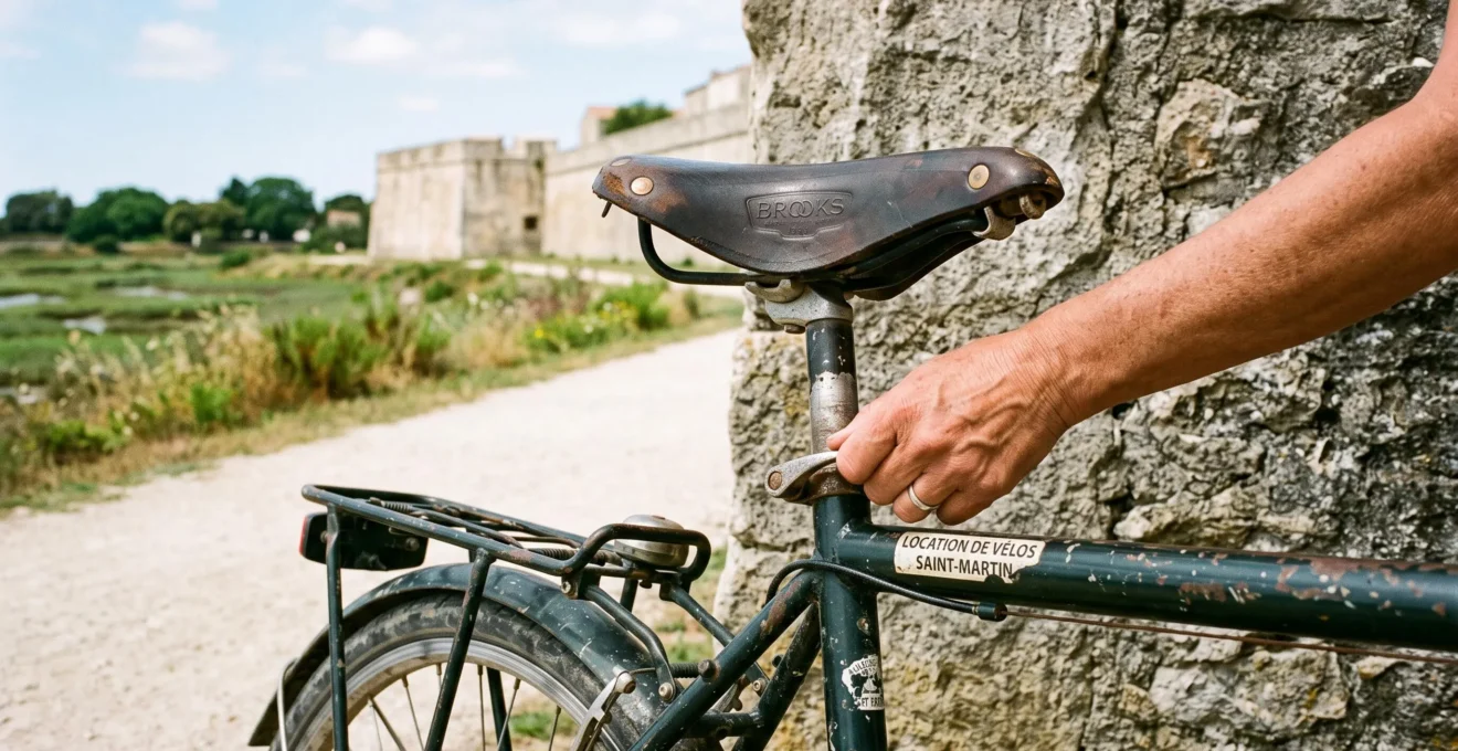 Hand adjusting the seat of a rental bicycle by the ramparts of Saint-Martin-de-Ré.