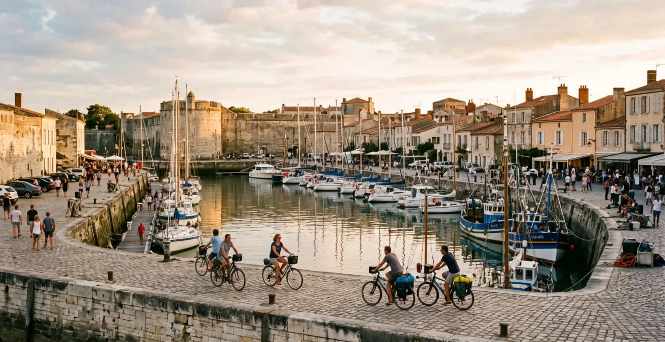Harbour of Saint-Martin-de-Ré with sailboats, ramparts and cyclists in evening light.